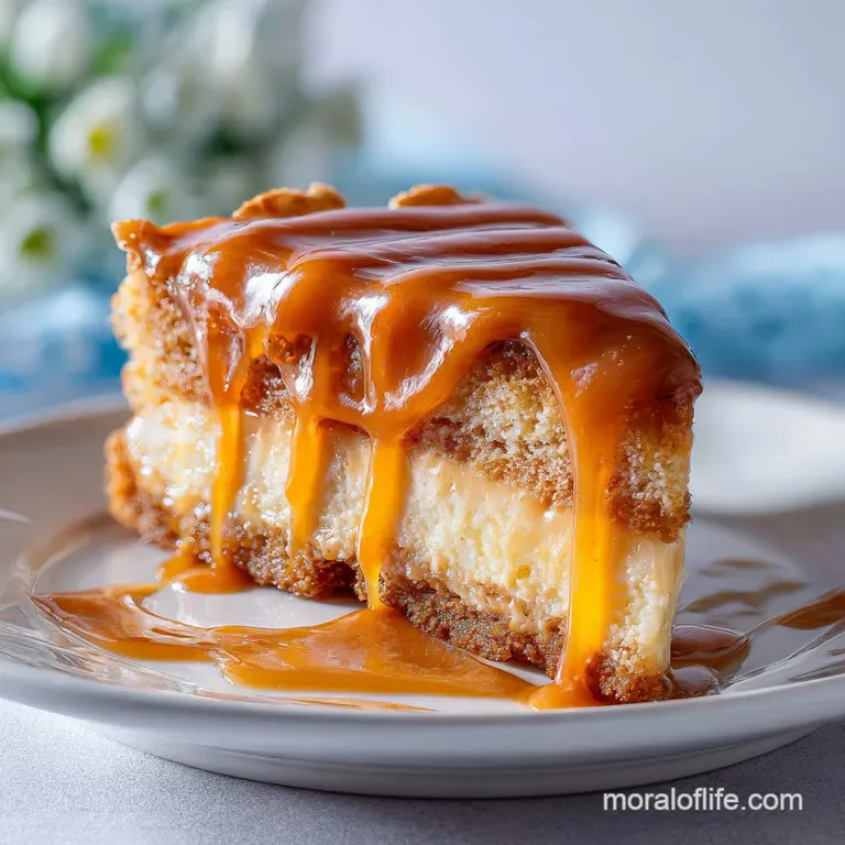 Elegant slice of milk-soaked cake with creamy frosting, berries, and caramel drizzle on a white plate, soft, inviting light.