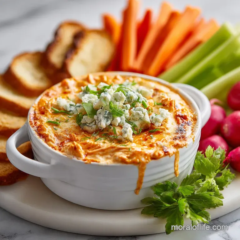 A small cast-iron skillet filled with cheesy buffalo chicken dip, served with crisp celery sticks and blue cheese crumbles.