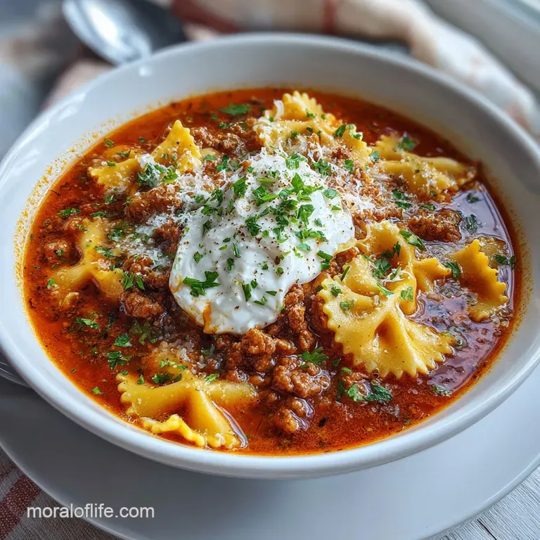 Elegant bowl of lasagna soup: rustic bread slice, dollop of creamy ricotta, bright basil chiffonade, inviting warmth.