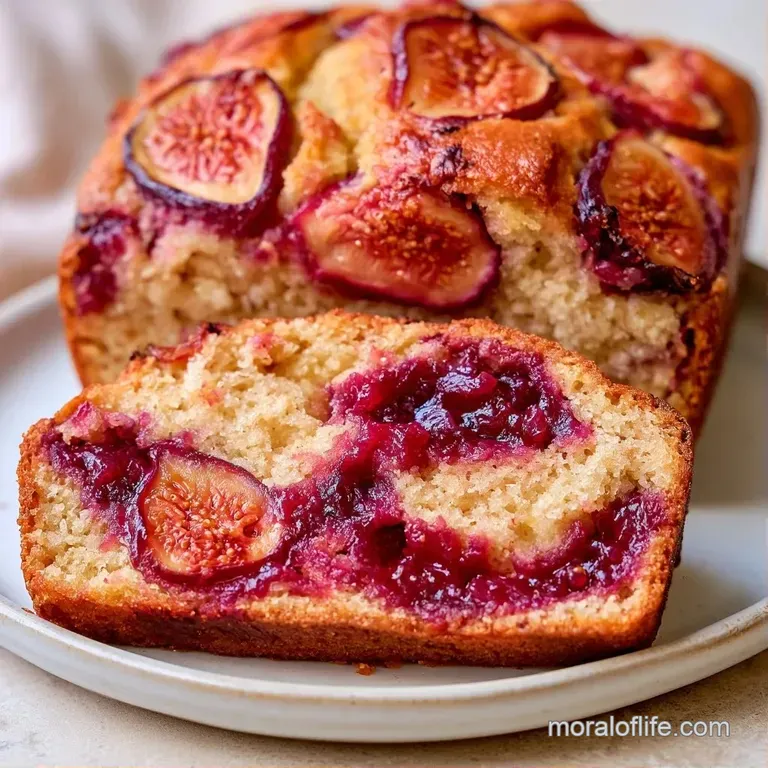 Elegant slice of honey-colored cake on a white plate, topped with a swirl of mascarpone and a fresh fig slice.