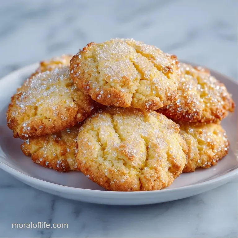 A stack of pale yellow cookies on a marble platter, garnished with fresh lemon slices and a sprinkle of zest.