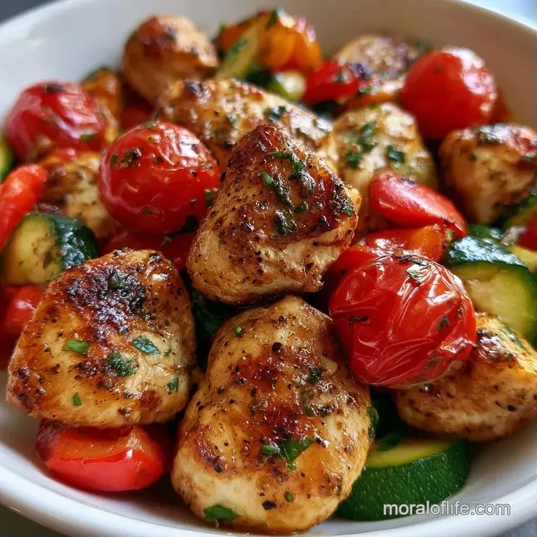 Vibrant roasted zucchini and red peppers plated with grilled protein and a squeeze of fresh lemon on a white dish.