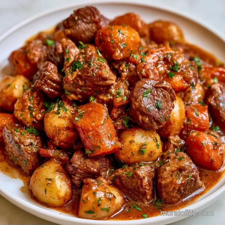 A rustic ceramic bowl filled with chunky beef and root vegetables, topped with a sprinkle of fresh green parsley.
