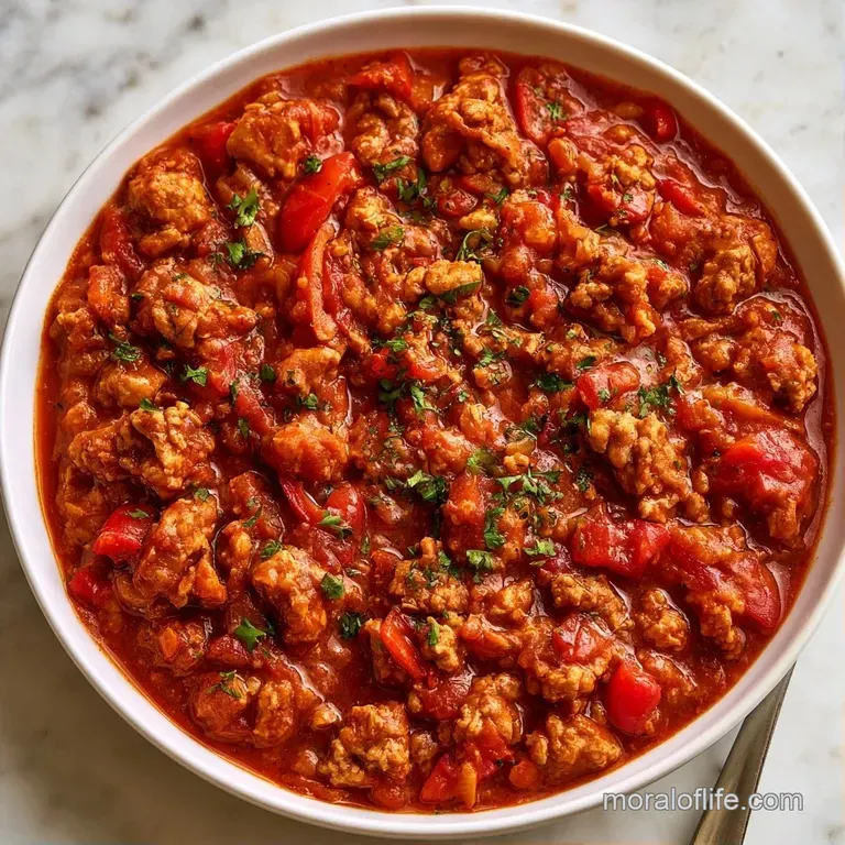 Thick, hearty red stew in a white bowl, garnished with a dollop of cool sour cream and bright green scallions.