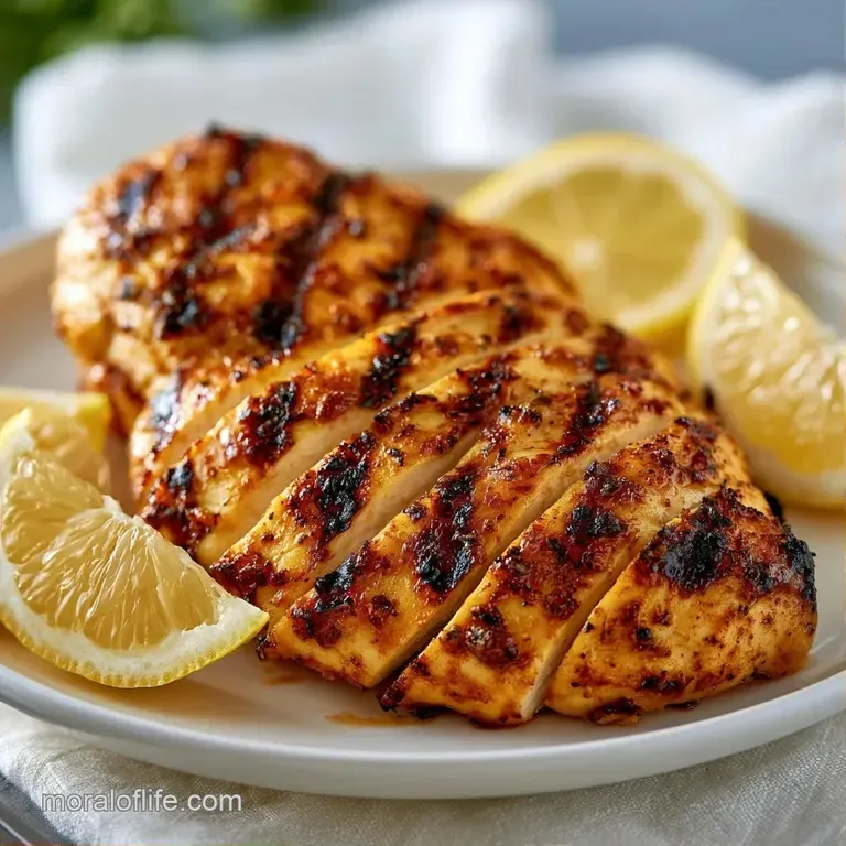 Sliced juicy chicken breasts on a white ceramic plate with vibrant grilled asparagus and a squeeze of lemon.