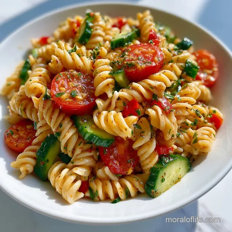 A large platter of colorful pasta tossed with cherry tomatoes, olives, and herbs, served under bright sunlight.