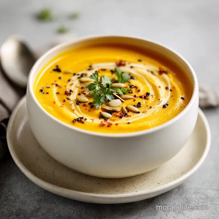 Smooth, vibrant orange chowder in a white bowl, topped with fresh herbs, cream drizzle and served with a crusty bread slice.