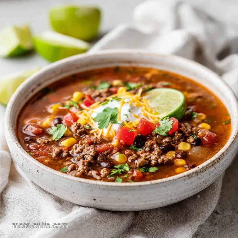 Steaming bowl of taco soup with a swirl of sour cream, chopped cilantro, and a sprinkle of shredded cheddar cheese, inviti...