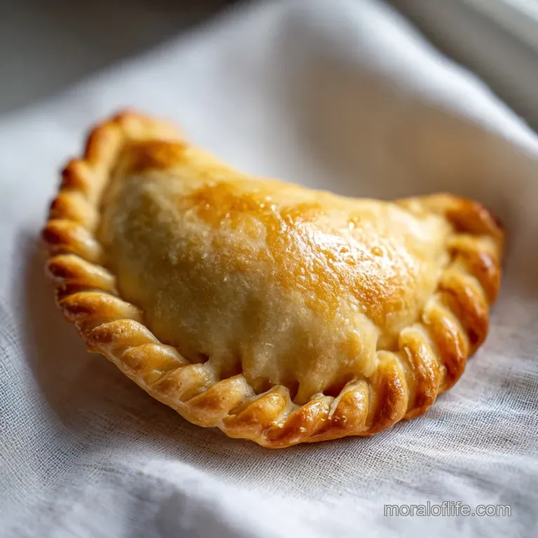 A single, perfectly golden empanada on a white plate. Glistening egg wash and a sprinkle of coarse salt finish the crust.