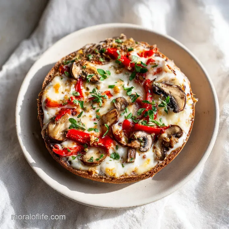 Golden-brown muffin pizza with bubbly cheese, a bright egg yolk, and scattered herbs, artfully plated.
