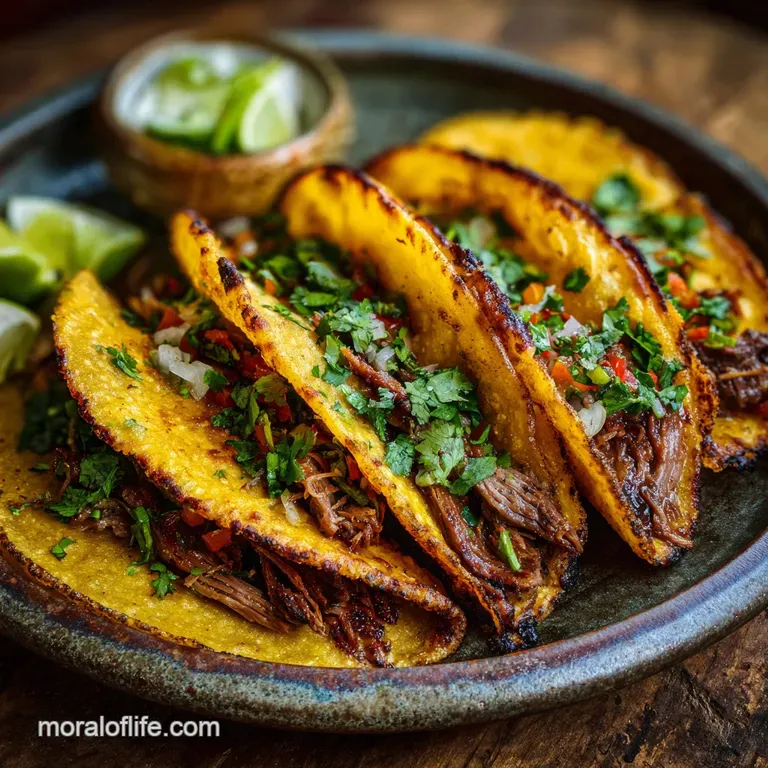 Stacked birria tacos dripping with melted cheese, garnished with lime wedges and cilantro, beside a bowl of steaming conso...
