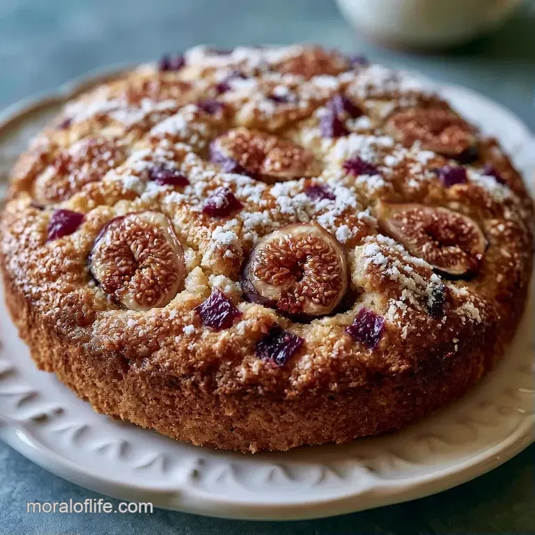 A thin slice of moist cake paired with a dollop of white cream and a fresh fig slice on a minimalist white platter.