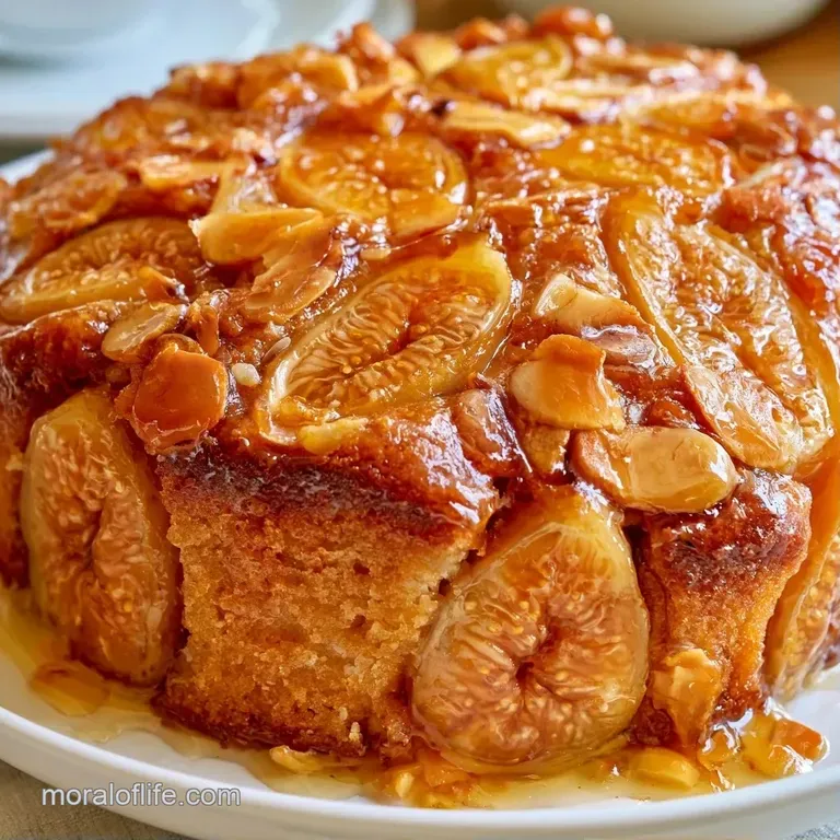 Elegant slice of golden-brown cake topped with sliced purple figs and toasted almonds on a white marble plate.