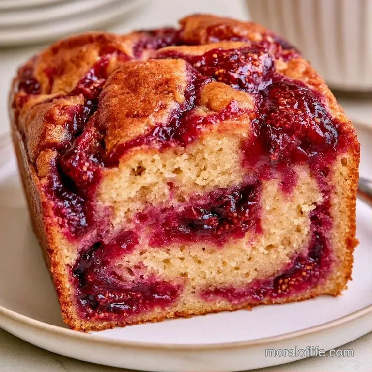 Slice of golden-brown cake on a white plate, drizzled with cream and garnished with a fresh, halved purple fig.
