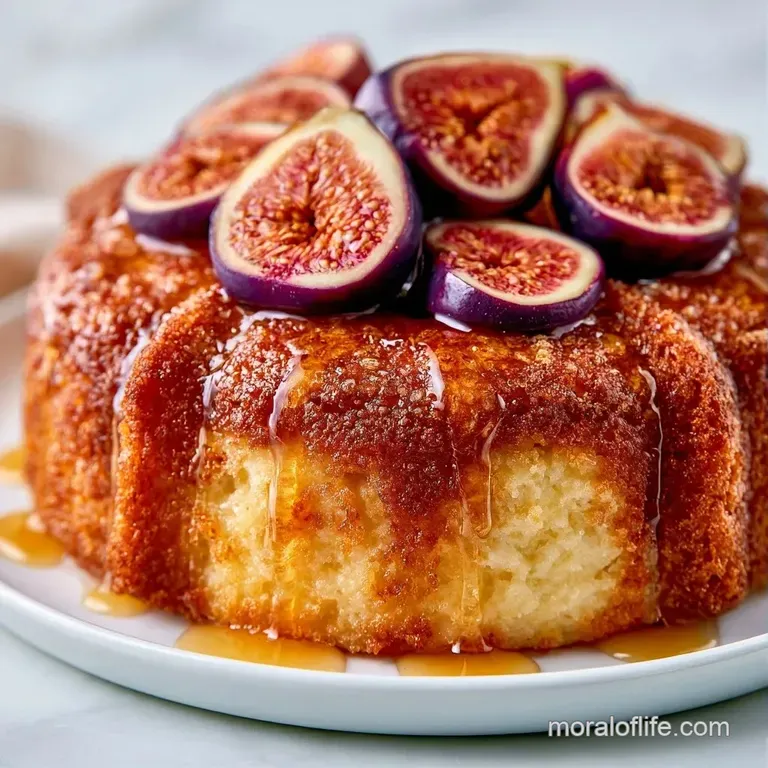 A slice of moist, pale cake topped with a glazed fig slice on a white ceramic plate with a drizzle of honey.