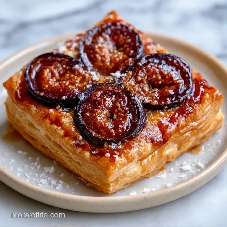 A slice of caramelized fruit tart on a white plate, topped with a dollop of white cream and a sprig of fresh mint.
