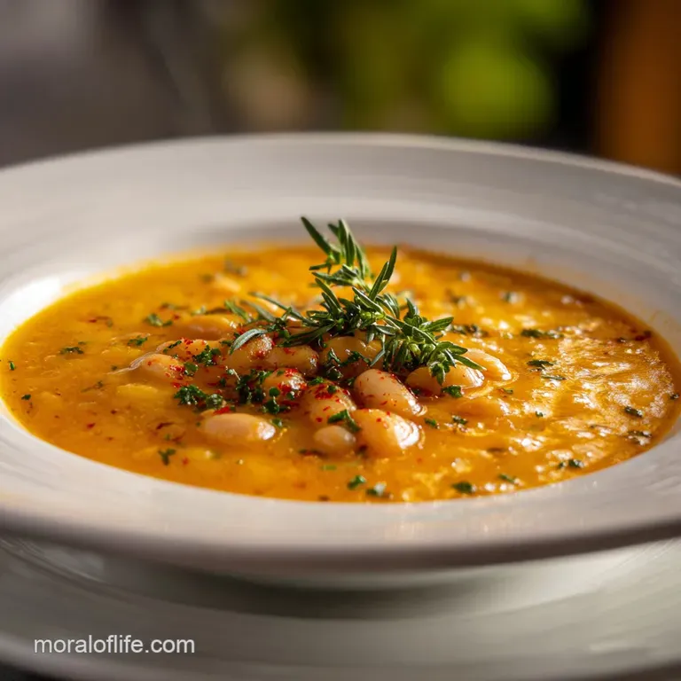 Creamy white bean soup in a speckled bowl, topped with fresh herbs and a bright swirl of olive oil. A simple, elegant comf...