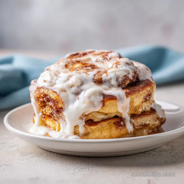 Cinnamon roll pancakes plated with a dusting of powdered sugar, glistening glaze, and a sprig of mint offering a sense of ...