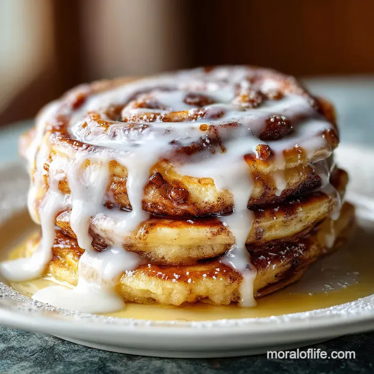Cinnamon roll pancakes, dusted with powdered sugar, topped with icing. Elegant brunch, garnished with fresh berries and mi...