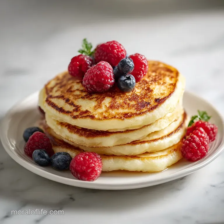 Stacked fluffy pancakes adorned with vibrant fresh berries and a drizzle of golden syrup.