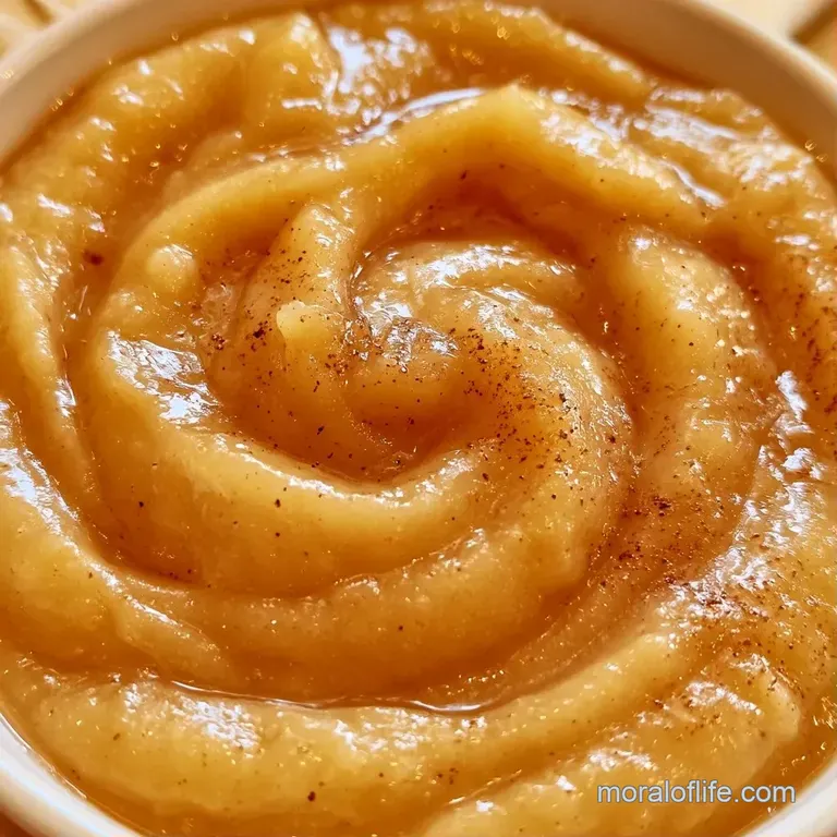 A rustic glass jar of smooth apple puree, garnished with a whole cinnamon stick and a thin, crisp apple slice.