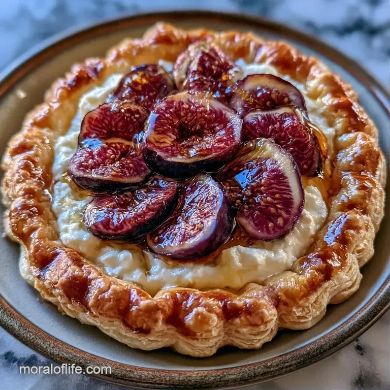 A neat slice of honey-glazed fruit tart on a white ceramic plate, garnished with a fresh sprig of green mint.