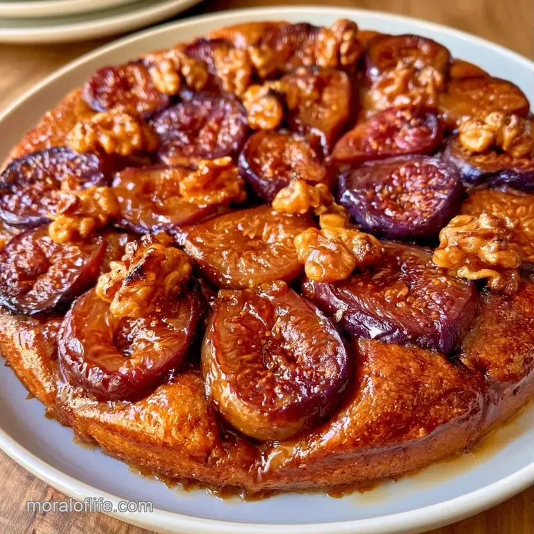 A slice of golden cake on a white plate, topped with glazed figs and nuts, dusted with a light powdered sugar.