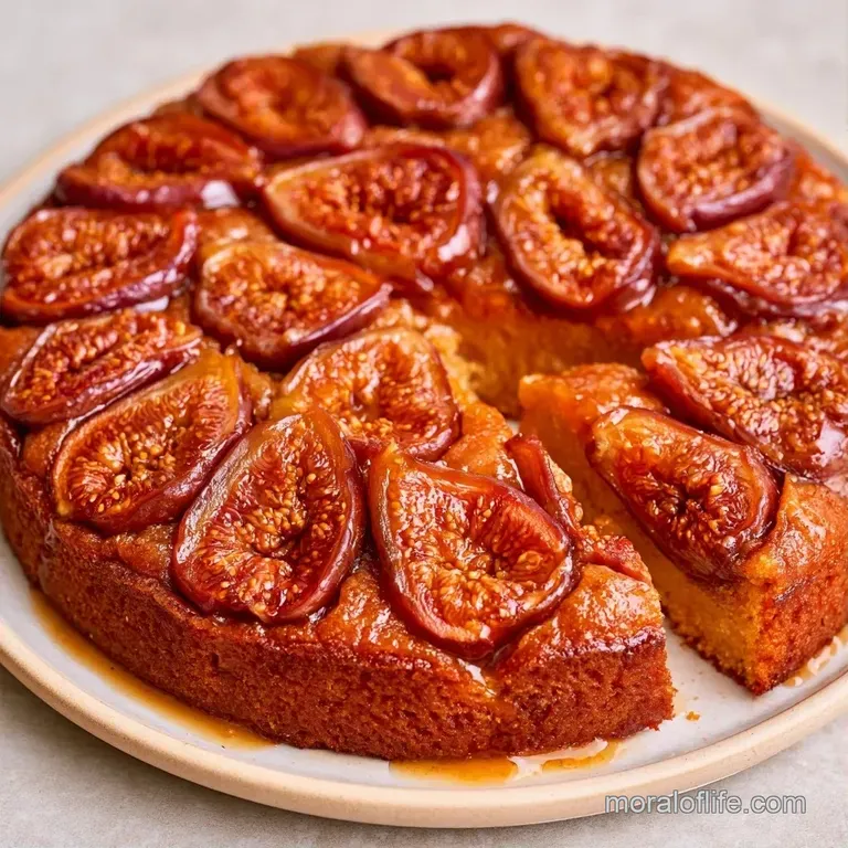 A thick slice of moist cake on a white ceramic plate, garnished with a honey drizzle and a fresh fig wedge.
