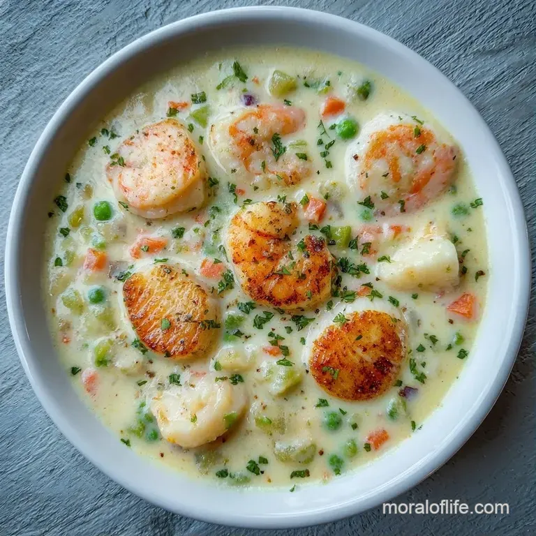 A white ceramic bowl of thick, creamy stew topped with fresh parsley, served alongside toasted sourdough bread.