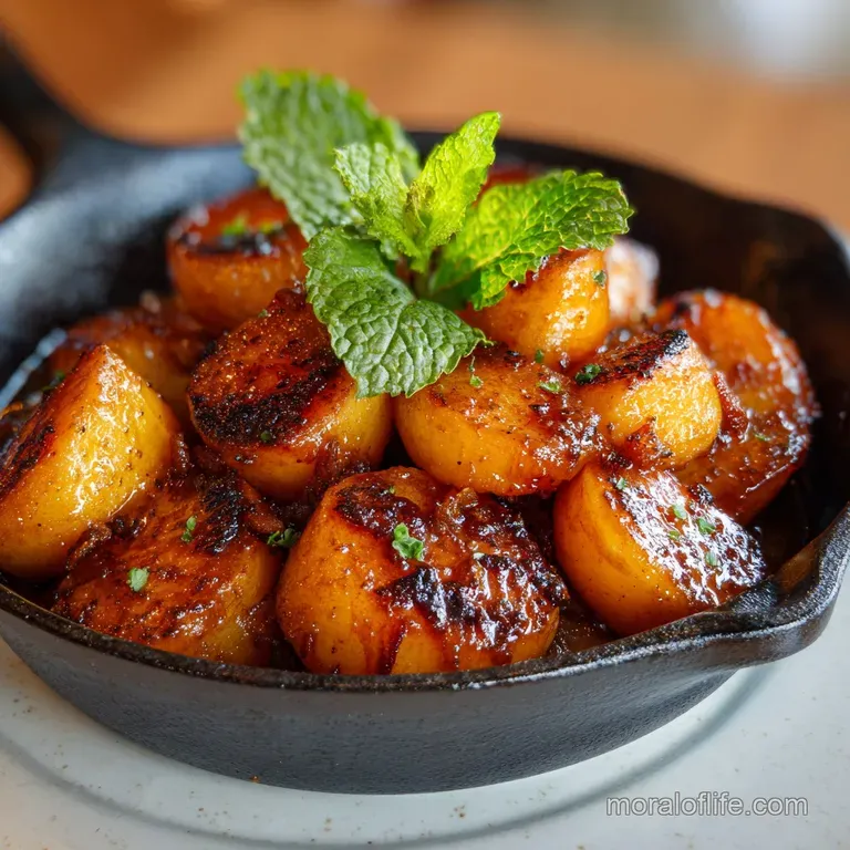 Warm, soft fried apples served in a white bowl, dusted with cinnamon, next to a scoop of melting vanilla ice cream.
