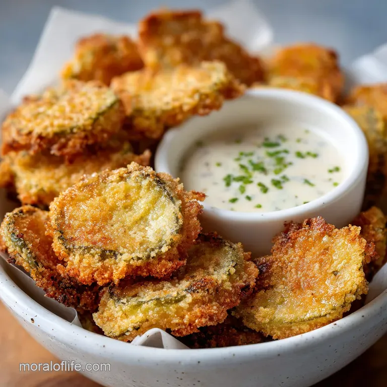 Fried pickle spears arranged artfully on a plate with a ramekin of cool, tangy dipping sauce. Garnish of fresh dill.