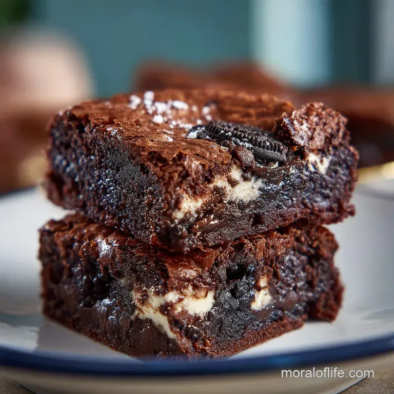 A decadent brownie slice, glossy and rich, sits atop a white plate with a dusting of powdered sugar.