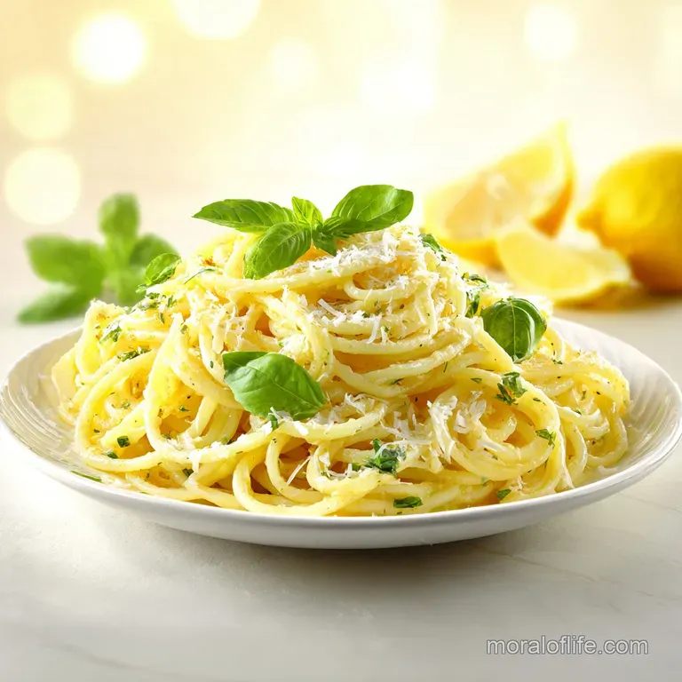 Elegant twirls of lemon pasta plated with fresh basil sprigs. Parmesan cheese and black pepper top the dish, light steam ...