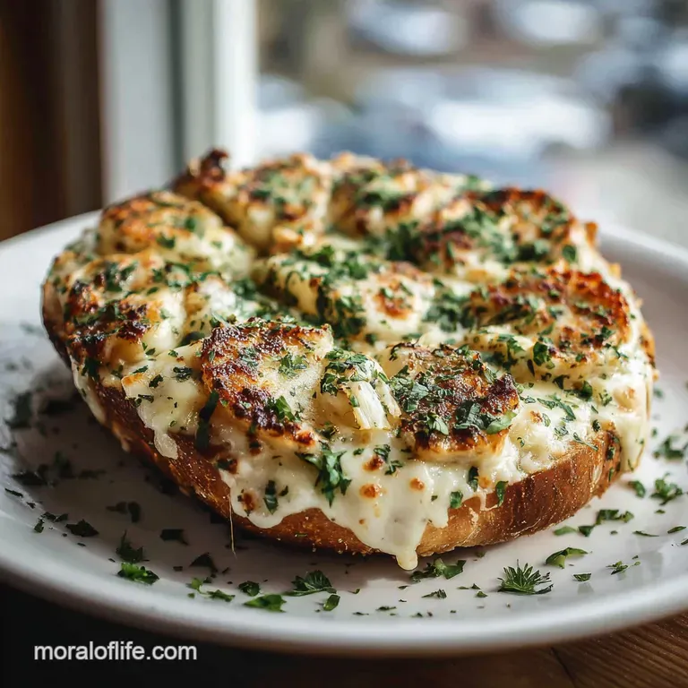 Sliced garlic bread pizza on a wooden board. Steam rises from the melted cheese and golden crust, fresh herbs sprinkled on...