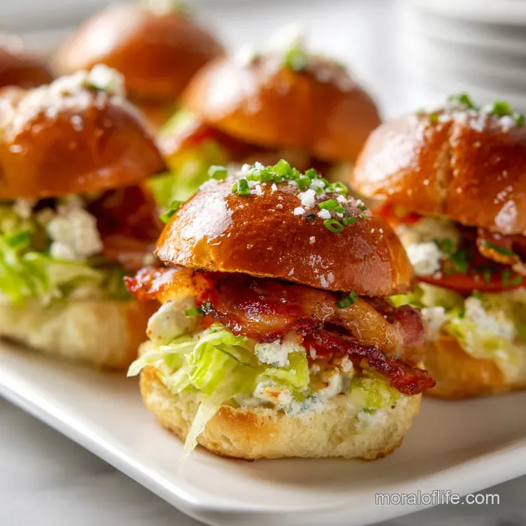 Miniature BLT sliders artfully arranged on a rustic wooden board with a side of pickles.