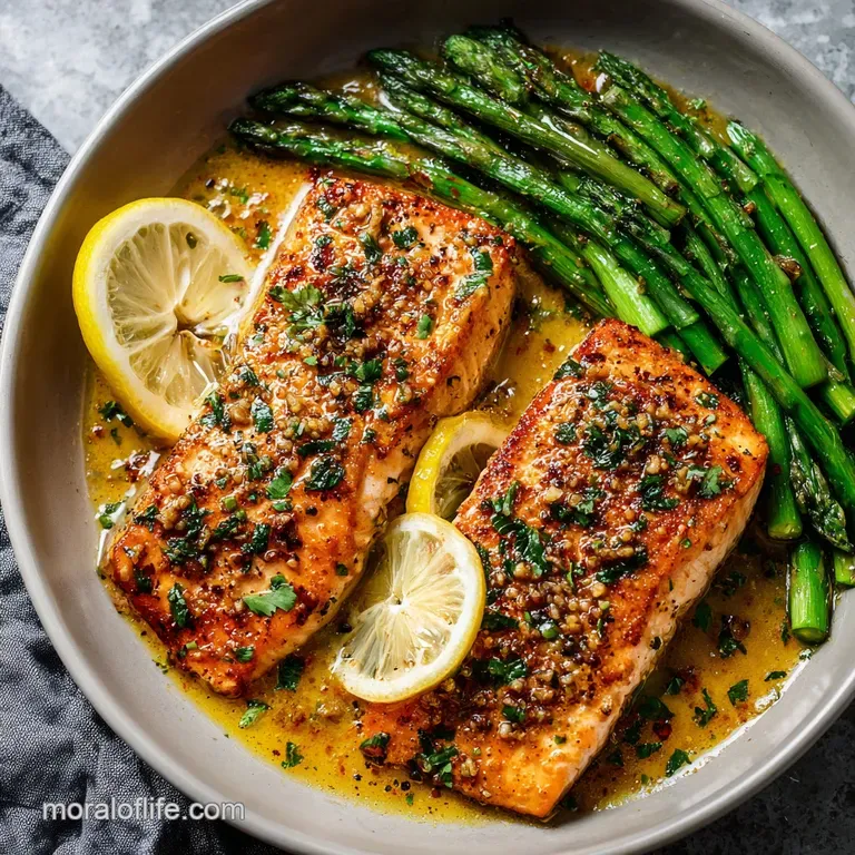 Perfectly seared salmon fillet with crispy skin, artfully plated. The rich garlic butter sauce pools around the salmon, he...