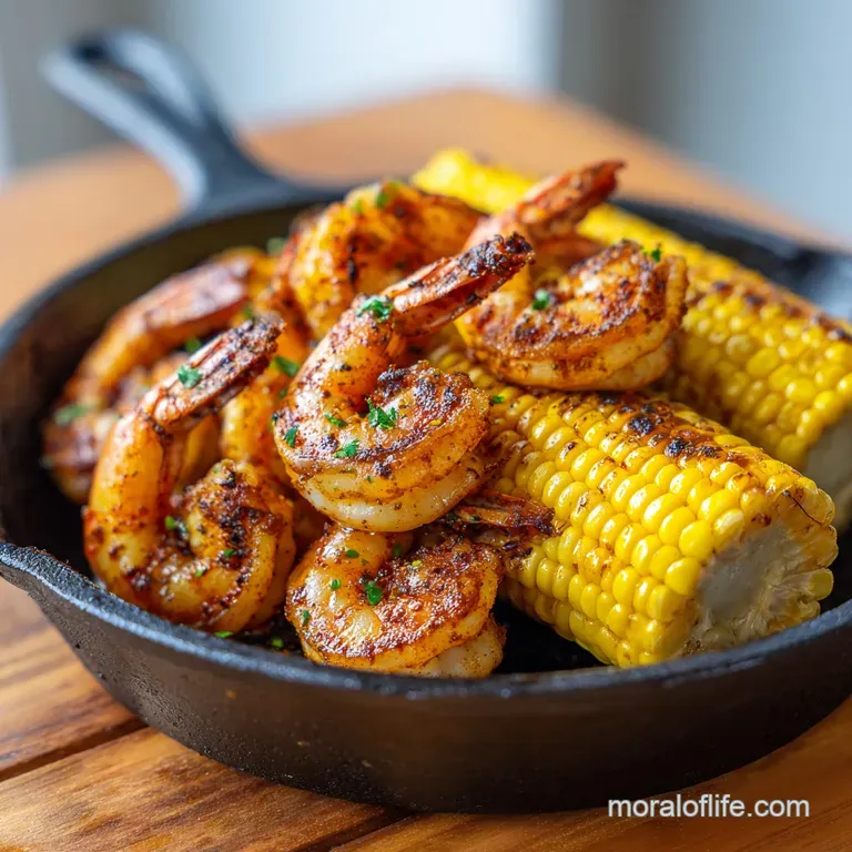 Plump pink shrimp and golden corn kernels served in a white ceramic bowl with a sprinkle of fresh green herbs.