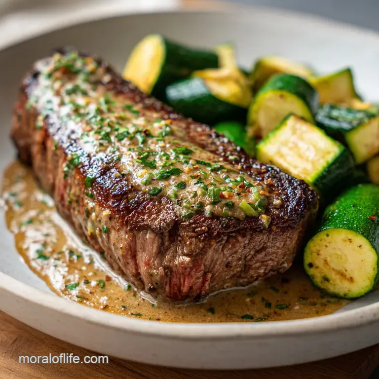 Perfectly seared steak with browned edges rests on a zucchini bed, bright green parsley sprig adds freshness to the plate.