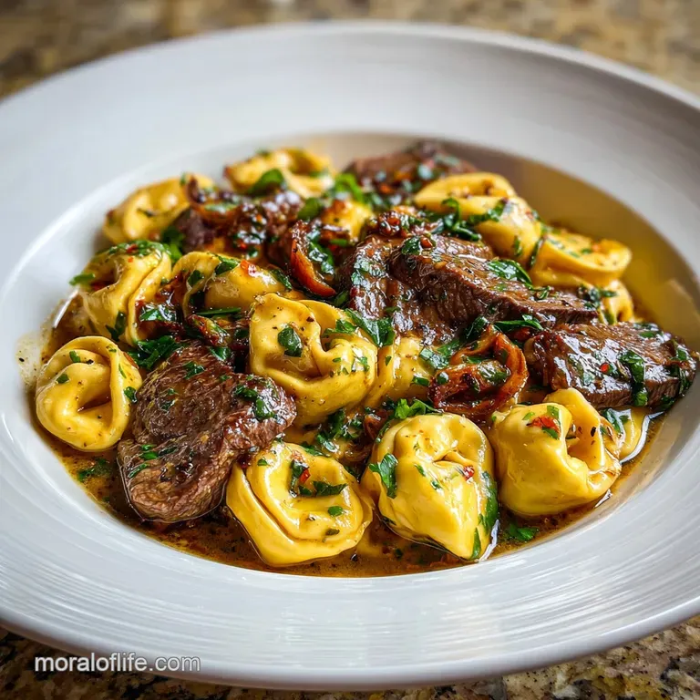Plated steak tortellini glistening with sauce. Sprinkled parsley adds a fresh pop of green. A warm, inviting, delicious meal.