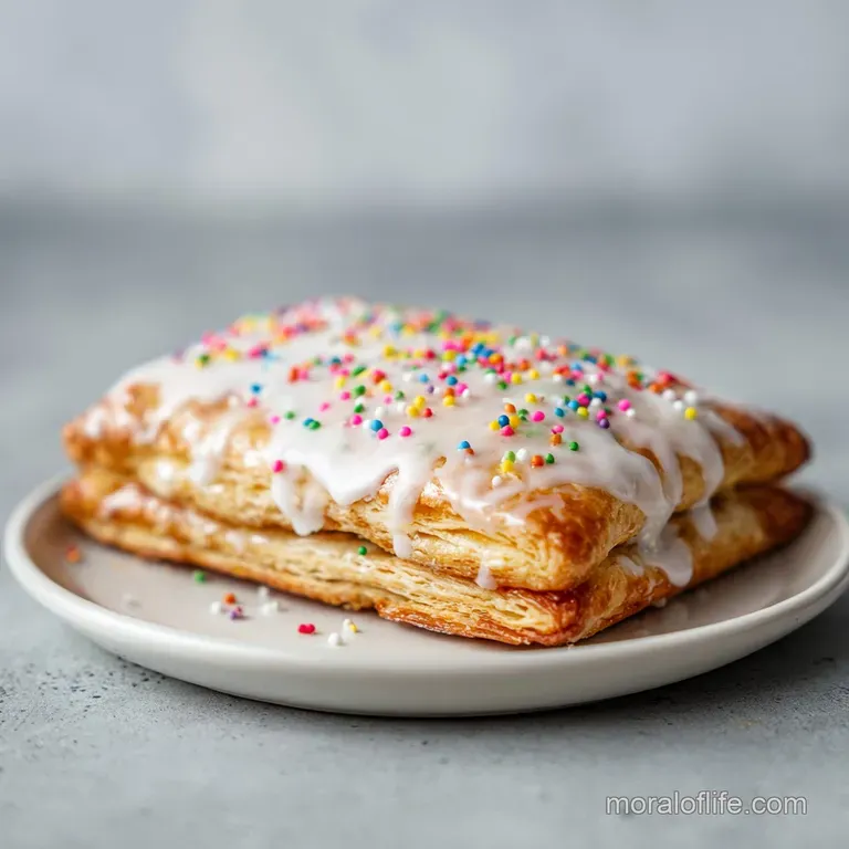 Slices of warm, flaky pop tart revealing layers of sweet filling, elegantly plated with a dusting of powdered sugar and fr...