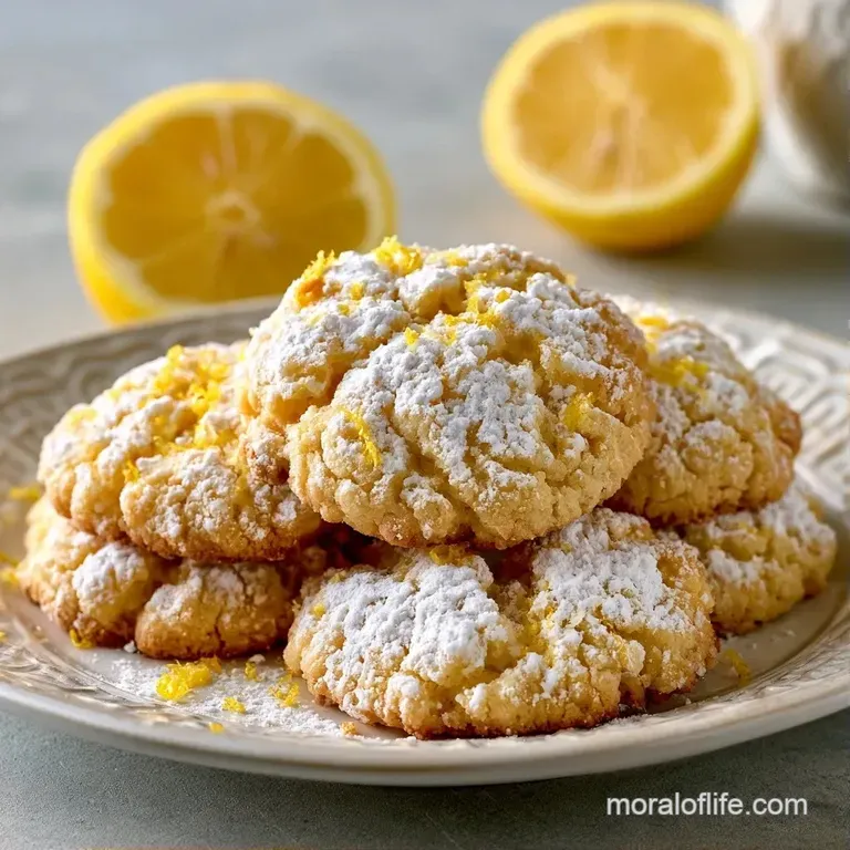 A stack of soft, buttery yellow cookies paired with a fresh lemon wedge and mint leaf on a white ceramic plate.