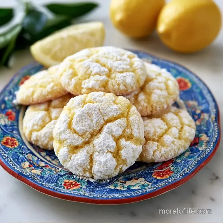 Pale yellow citrus cookies piled high on a white marble platter, dusted with snowy sugar and a lemon slice garnish.