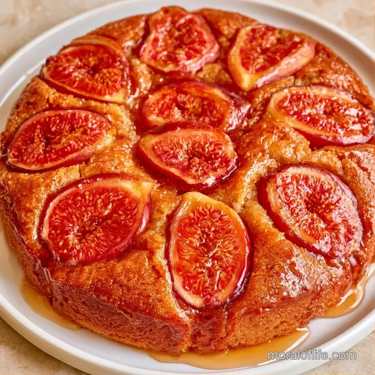 A neat slice of moist almond cake on a white ceramic plate, garnished with fresh fig wedges and a honey drizzle.