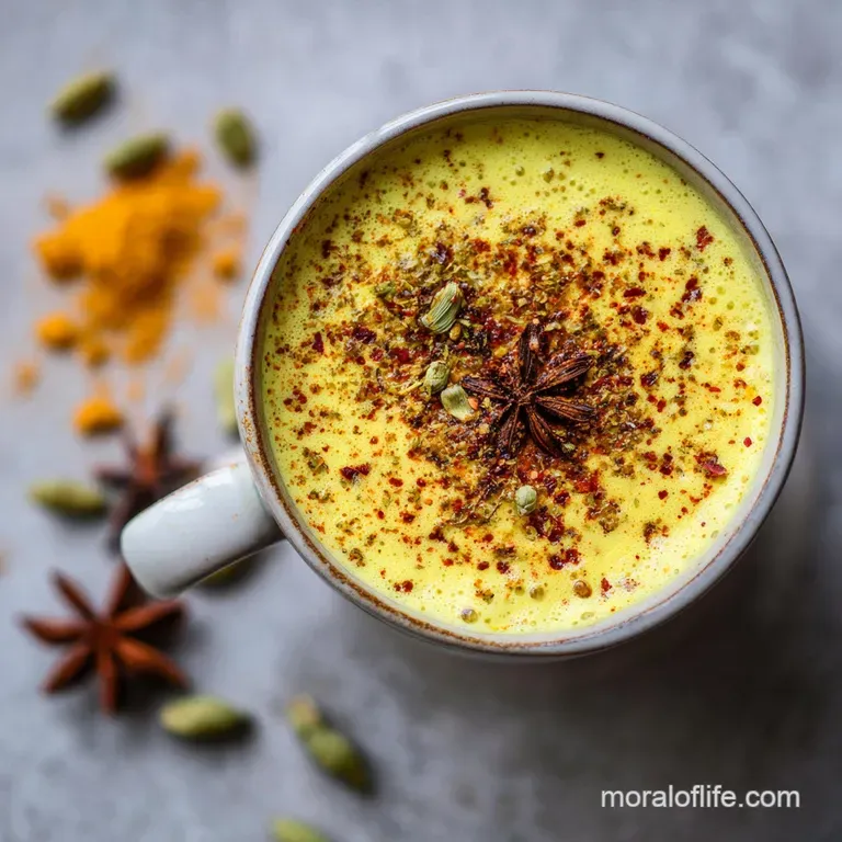 Frothy golden milk in a ceramic mug, garnished with a star anise and a sprig of mint.