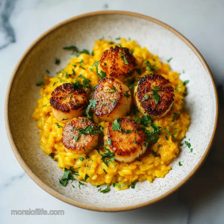 Elegant plate with creamy risotto swirled around perfectly seared scallops, garnished with fresh herbs and a drizzle of ol...