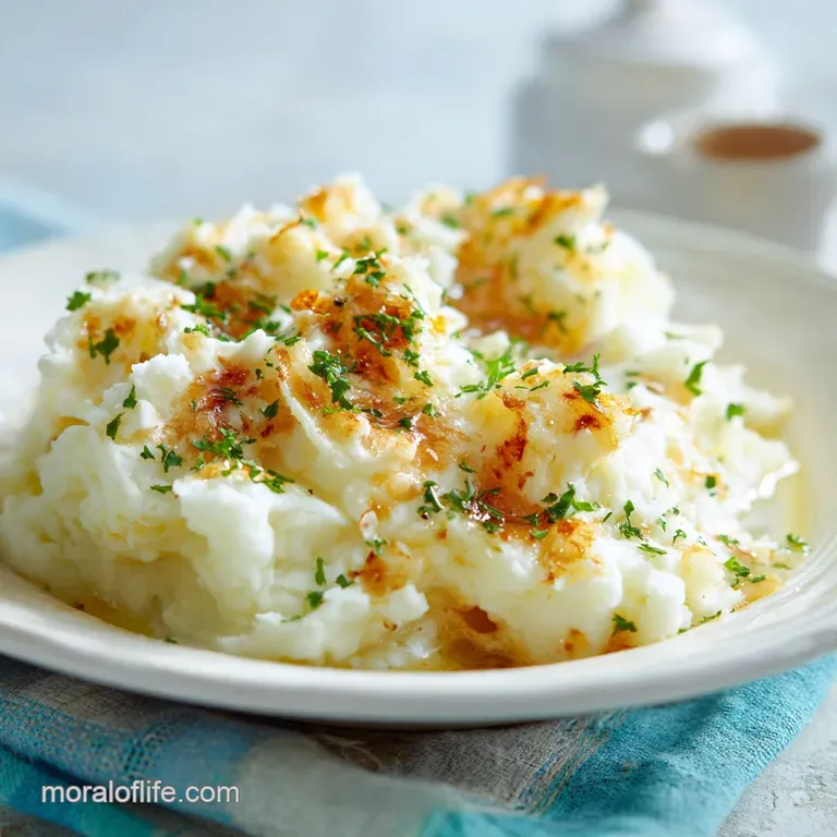 A generous swirl of silken mashed potatoes, crowned with a sprig of fresh chives, on a rustic white plate.