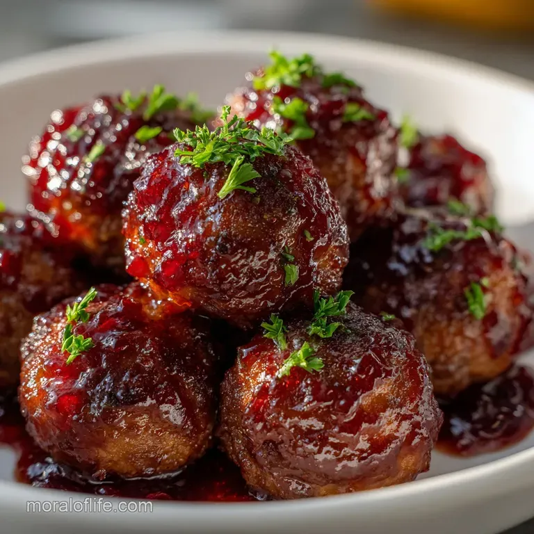 Pile of shiny, dark red meatballs in sweet-savory sauce on a white plate, sprinkled with chopped parsley for fresh appeal.