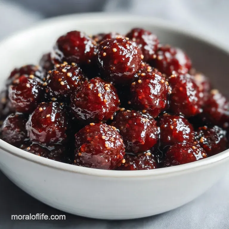 Three glistening meatballs in a vibrant red sauce, artfully plated. Fresh parsley provides a pop of green against a stark ...