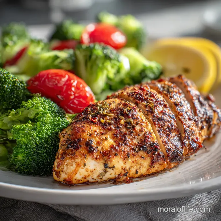 Perfectly grilled chicken breast plated with steamed green beans. Sprinkled with herbs. Hints of steam rising from a flavo...