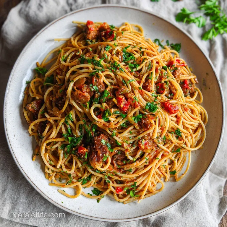 Plated spaghetti swirls with juicy hot dog slices, a bright tomato glaze, and a sprinkle of fresh herbs.